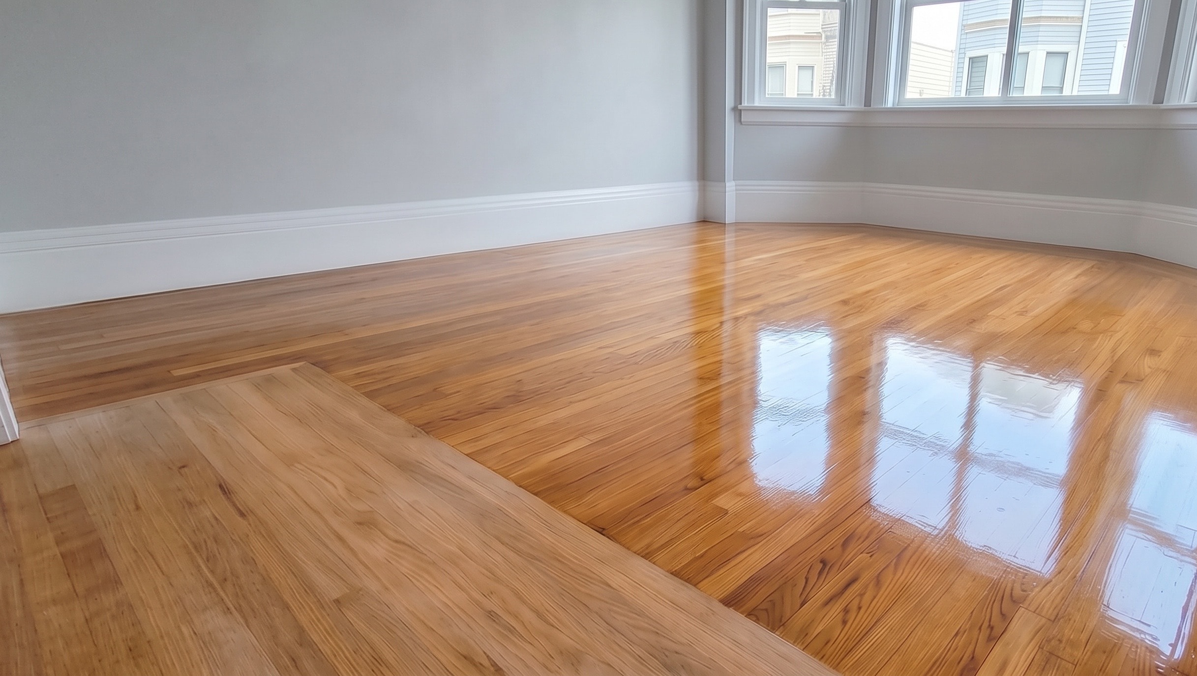 Fresh top coat applied to light oak hardwood floor