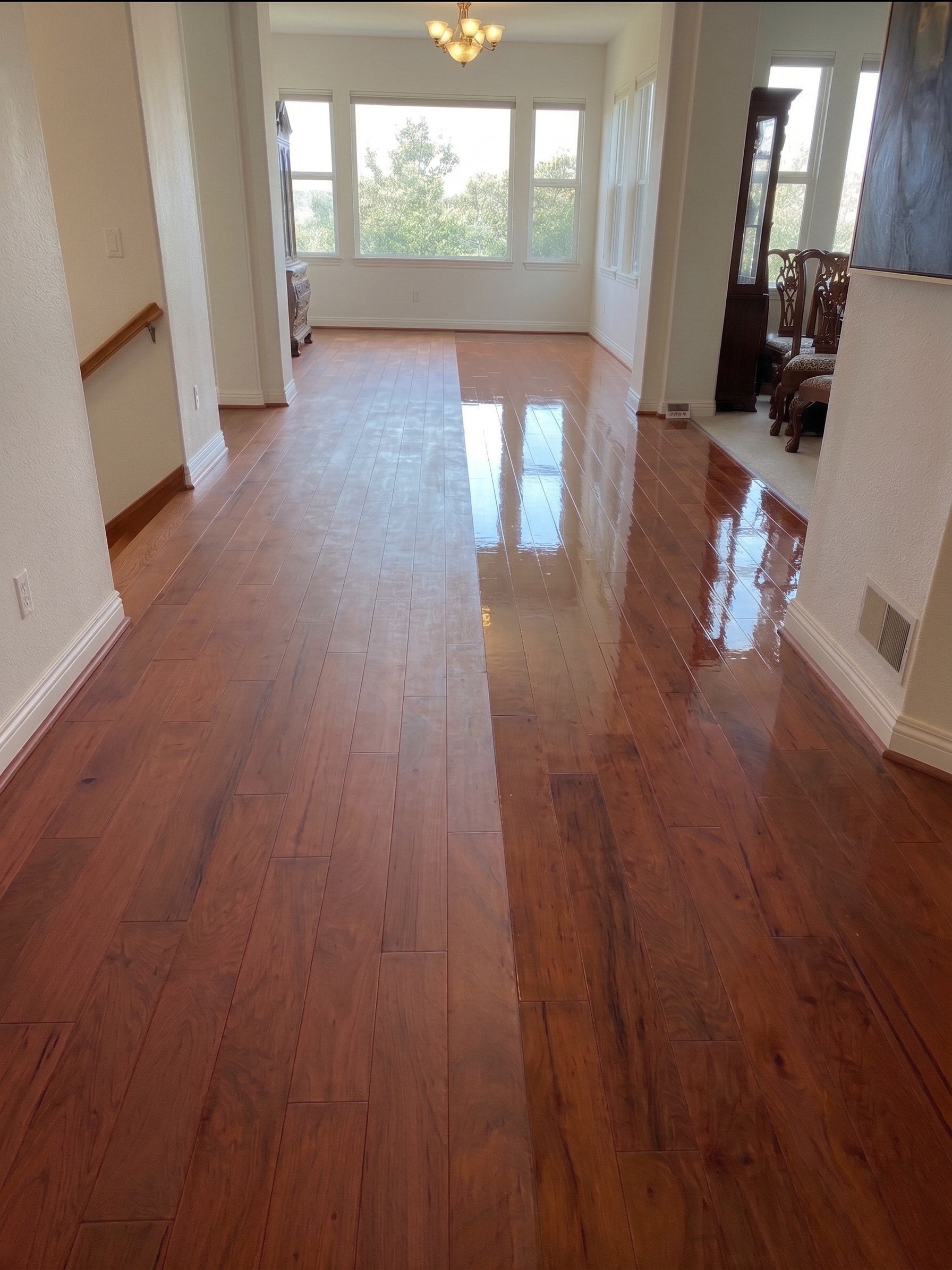 Glossy top coat on rich walnut hardwood floor in hallway